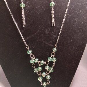 Handmade necklace and earrings set green silver tone